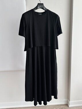NWT Kowtow Flowy "Double Layer" Black Midi T-Shirt Dress 100% Organic Cotton XS